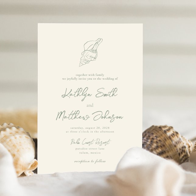 Invitación Sage Green Shell Beach Ocean Destination Wedding (Subido por el creador)