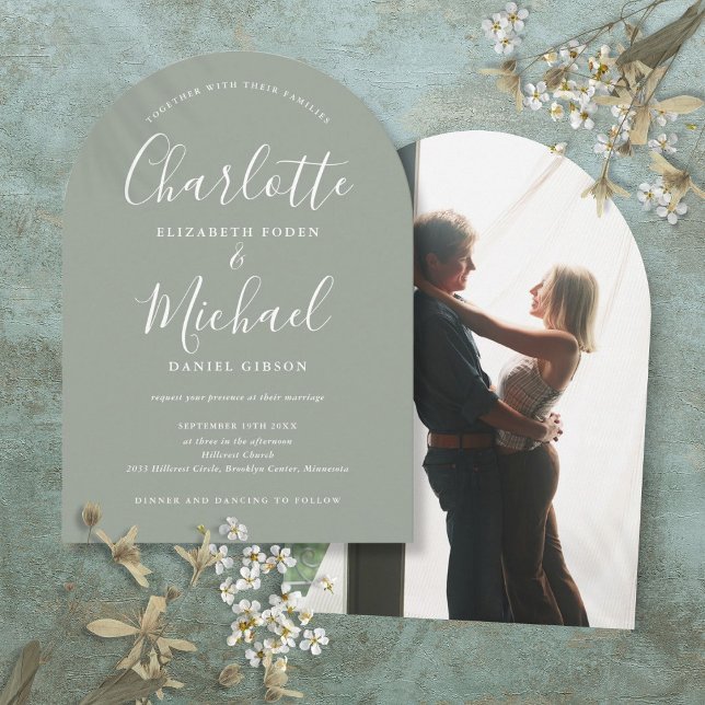 Invitación Sage Green Signature Script Photo Arch Boda (Sage Green Signature Script Photo Arch Wedding Invitation)