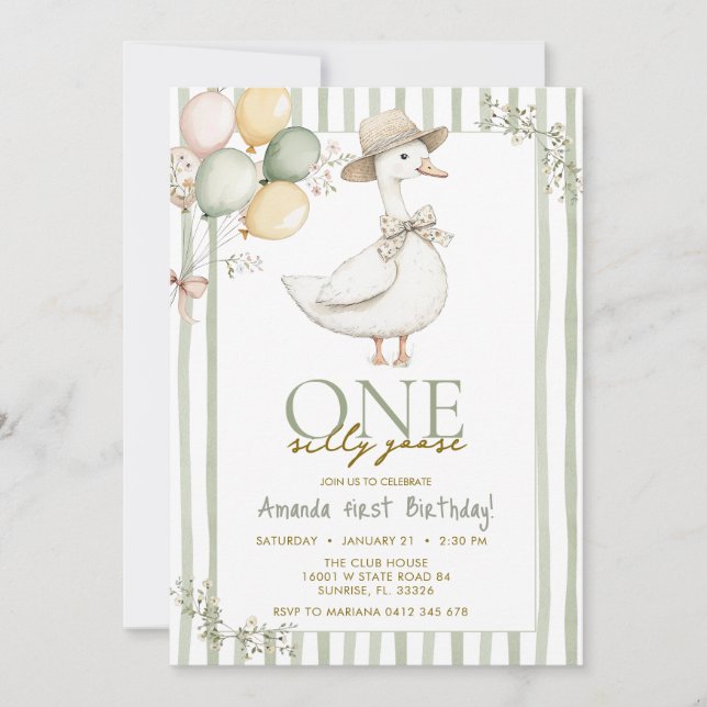 Invitación  Sage Green Silly Goose 1st Birthday  (Anverso)