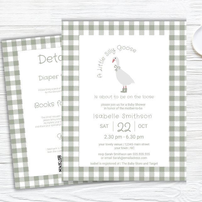 Invitación Sage Green Silly Little Goose Baby Shower QR Code (Subido por el creador)