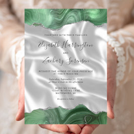 Invitación Sage Green Silver Agate Boda de seda blanca