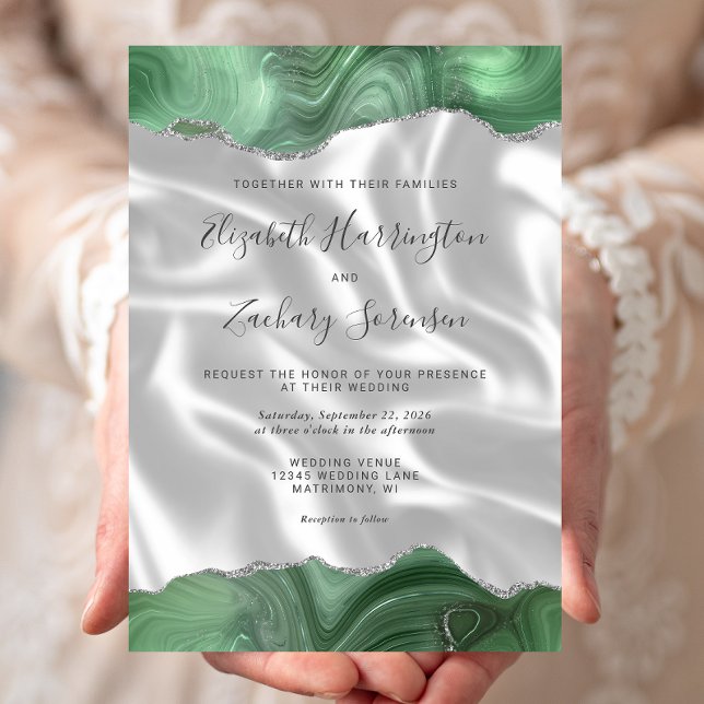 Invitación Sage Green Silver Agate Boda de seda blanca (Subido por el creador)