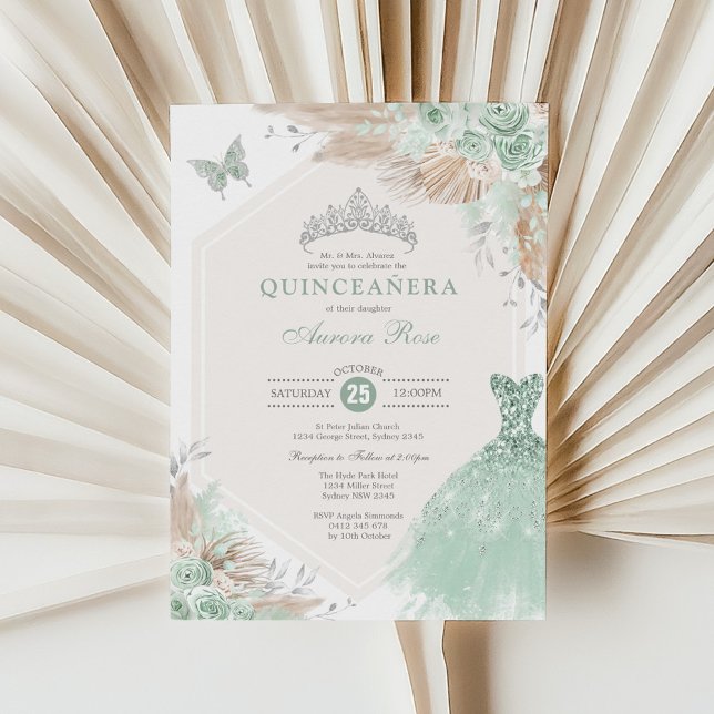 Invitación Sage Green Silver Quinceañera Boho Floral Birday (Subido por el creador)