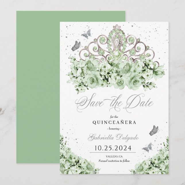 Invitación Sage Green Silver Tiara Salve La Fecha Quinceañera (Anverso / Reverso)