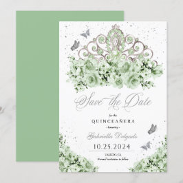 Invitación Sage Green Silver Tiara Salve La Fecha Quinceañera