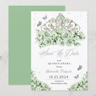 Invitación Sage Green Silver Tiara Salve La Fecha Quinceañera