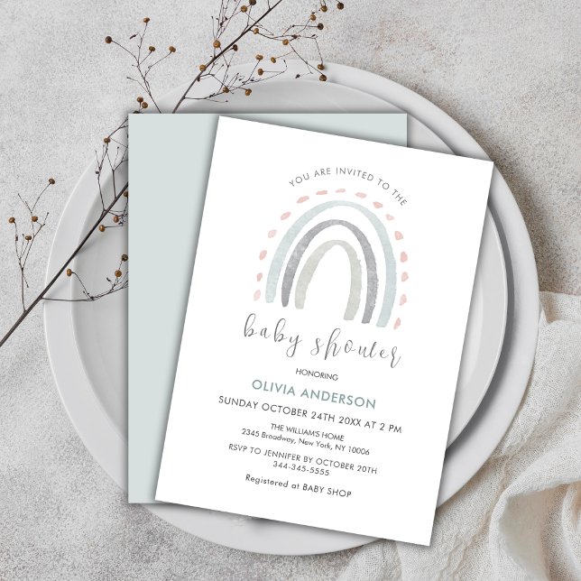 Invitación Sage Green Simple Boho Rainbow Chica Baby Shower (Sage Green Simple Boho Rainbow Girl Baby Shower Invitation)