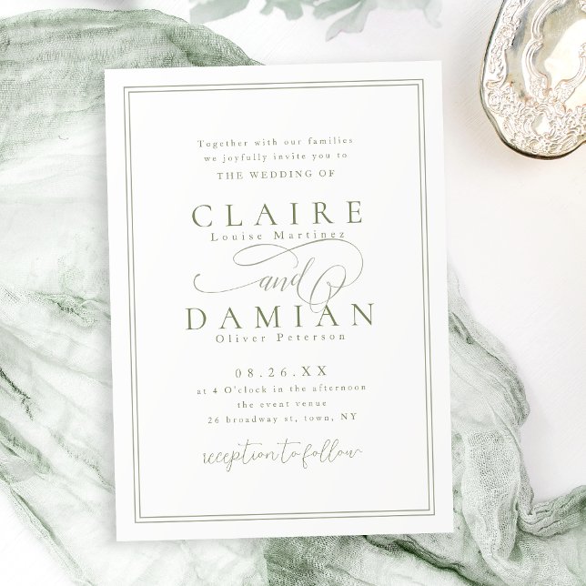Invitación Sage Green Simple Elegancia Romántica Boda de guio (Sage Green Simple Elegance Romantic Script Wedding Invitation)