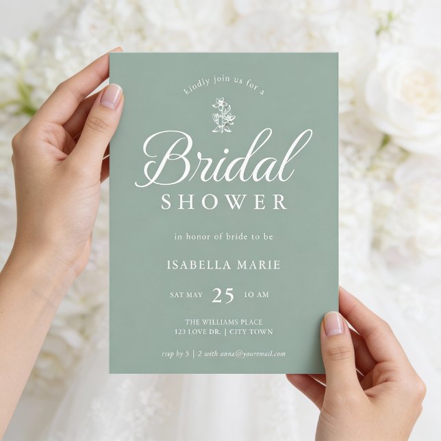 Invitación Sage Green Simple Minimal Bridal Shower Invitation (Front of invite shown in 5 x 7 inches, choose size, paper, and corner style. Add a QR Code on back.
)