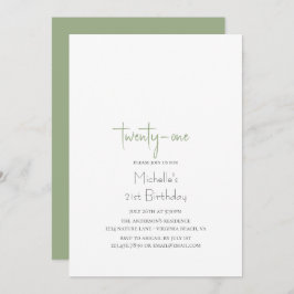 Invitación Sage Green Simple Moderno Minimalista 21 cumpleaño