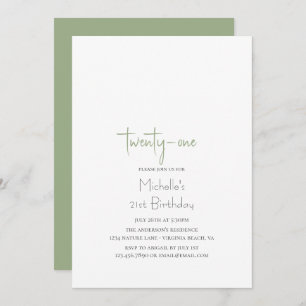 Invitación Sage Green Simple Moderno Minimalista 21 cumpleaño