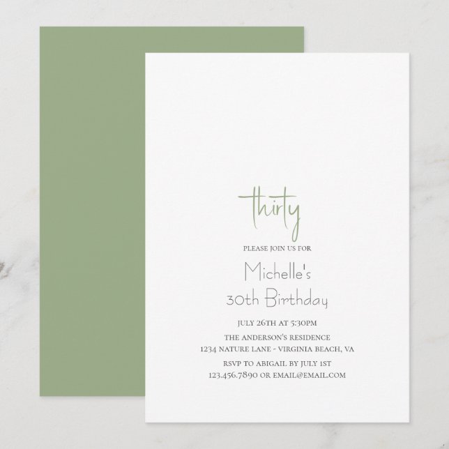 Invitación Sage Green Simple Moderno Minimalista 30 cumpleaño (Anverso / Reverso)