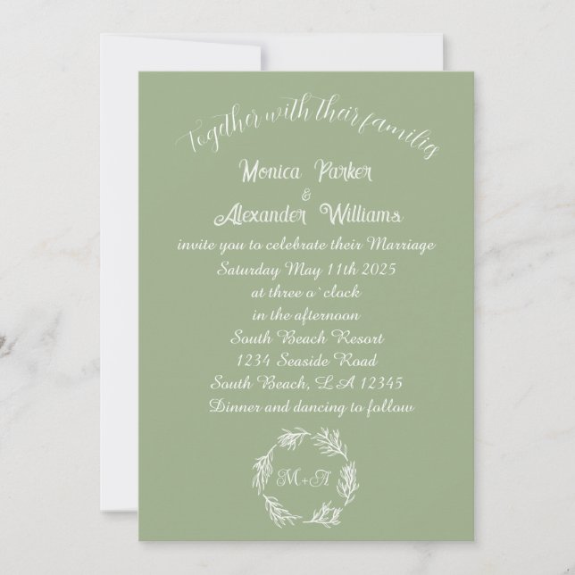 Invitación Sage Green Simple Moderno Monogramado Boda (Anverso)