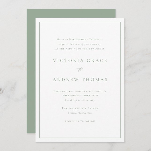 Invitación Sage Green Simple Typography Boda formal (Anverso / Reverso)