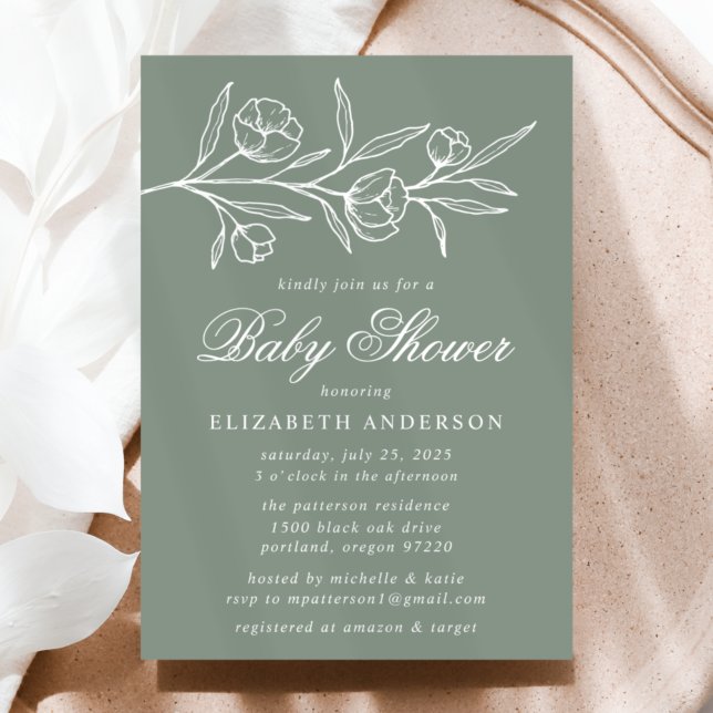 Invitación Sage Green Sketed Floral Baby Shower (Subido por el creador)