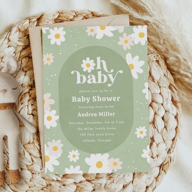 Invitación Sage Green Spring Daisies Floral Baby Shower (sage green daisies baby shower invitation)