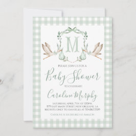 Invitación Sage Green Stork Baby Shower Preppy Gingham