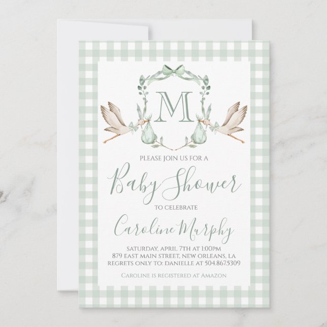 Invitación Sage Green Stork Baby Shower Preppy Gingham (Anverso)