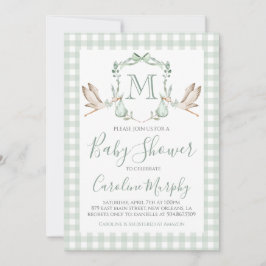 Invitación Sage Green Stork Baby Shower Preppy Gingham