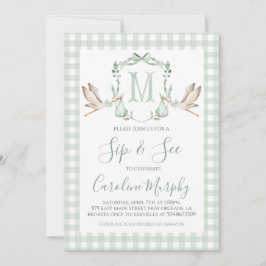Invitación Sage Green Stork Sip y See Preppy Gingham