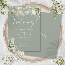 Invitación Sage Green String Lights Floral Monograma Boda