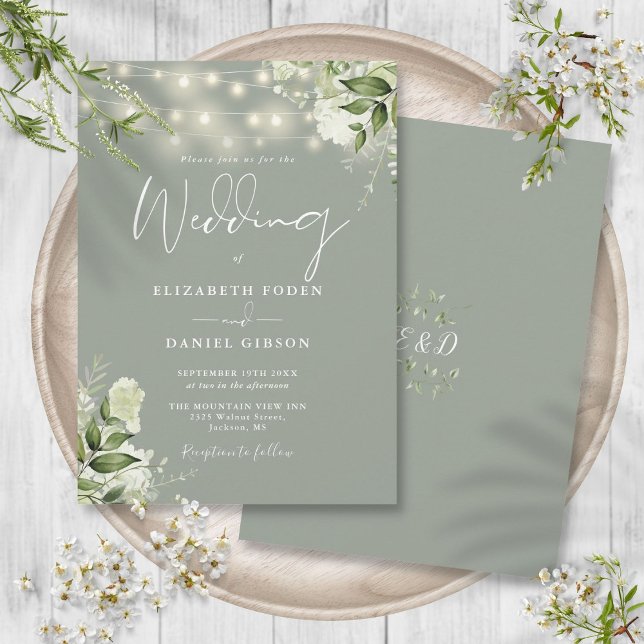 Invitación Sage Green String Lights Floral Monograma Boda (Sage Green String Lights Floral Monogram Wedding Invitation)