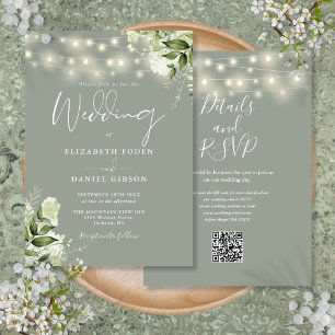 Invitación Sage Green String Lights Floral QR Code Boda