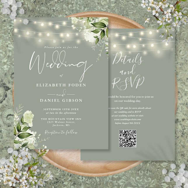 Invitación Sage Green String Lights Floral QR Code Boda (Sage Green String Lights Floral QR Code Wedding Invitation)