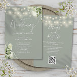 Invitación Sage Green String Lights Floral QR Code Boda<br><div class="desc">Esta elegante invitación a una boda verde sabio,  con luces de cuerda de bonito y vegetación floral,  puede ser personalizada con su información en tipografía de moda con los detalles de su sitio web boda y su código QR al revés. Diseñado por Thisisnotme©</div>