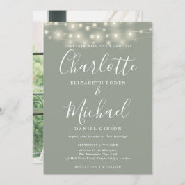 Invitación Sage Green String Lights Script Photo Boda