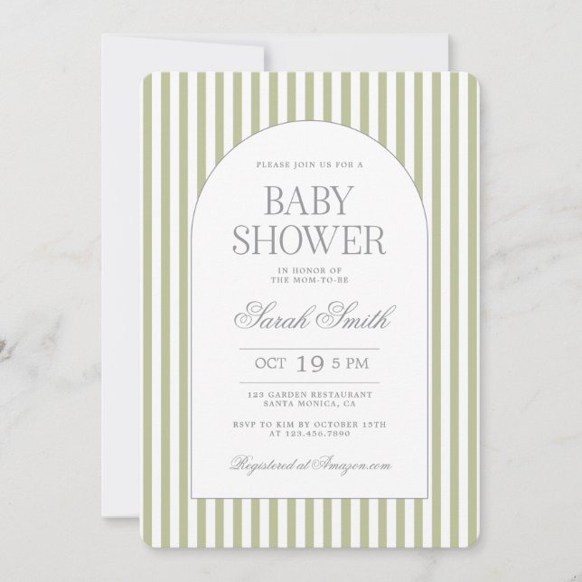 Invitación Sage Green Stripe Baby Shower Invitation (Anverso)