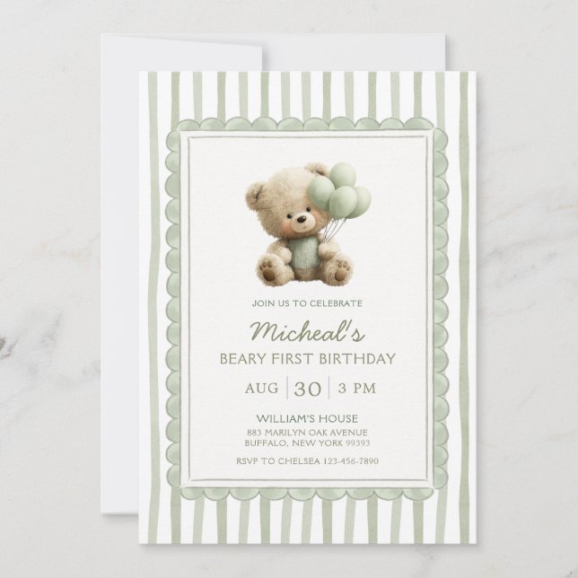 Invitación Sage Green Stripe Beary First Birthday  (Anverso)