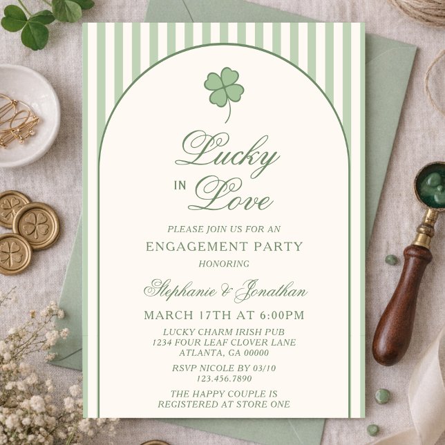 Invitación Sage Green Stripe Lucky in Love Engagement Party (Subido por el creador)