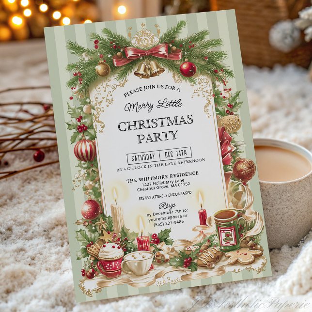 Invitación Sage Green Stripe Merry Little Christmas Party  (Subido por el creador)
