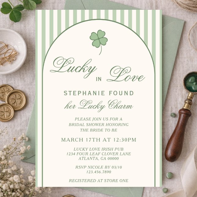 Invitación Sage Green Stripes Lucky in Love Bridal Shower (Subido por el creador)