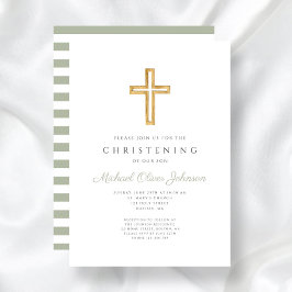 Invitación Sage Green Stripes Religiosa Cruz Christening