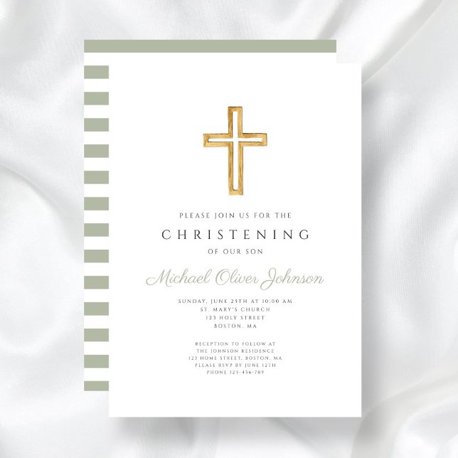 Invitación Sage Green Stripes Religiosa Cruz Christening (Sage Green Stripes Religious Cross Christening Invitation)