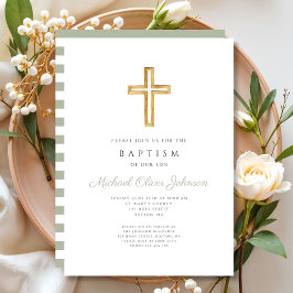 Invitación Sage Green Stripes Religioso Cross Baptism