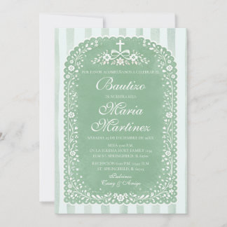 Invitación Sage Green Stripes Spanish Girl Bautizo Talavera