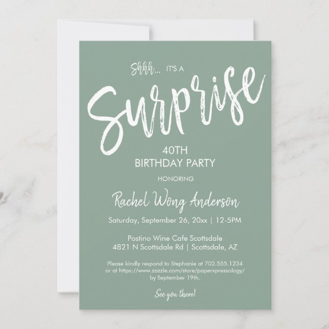 Invitación Sage Green Surprise Fiesta de Jubilación de Cumple (Anverso)
