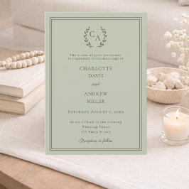 Invitación Sage green taupe wreath monogram simple wedding 