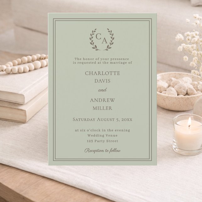 Invitación Sage green taupe wreath monogram simple wedding  (Subido por el creador)