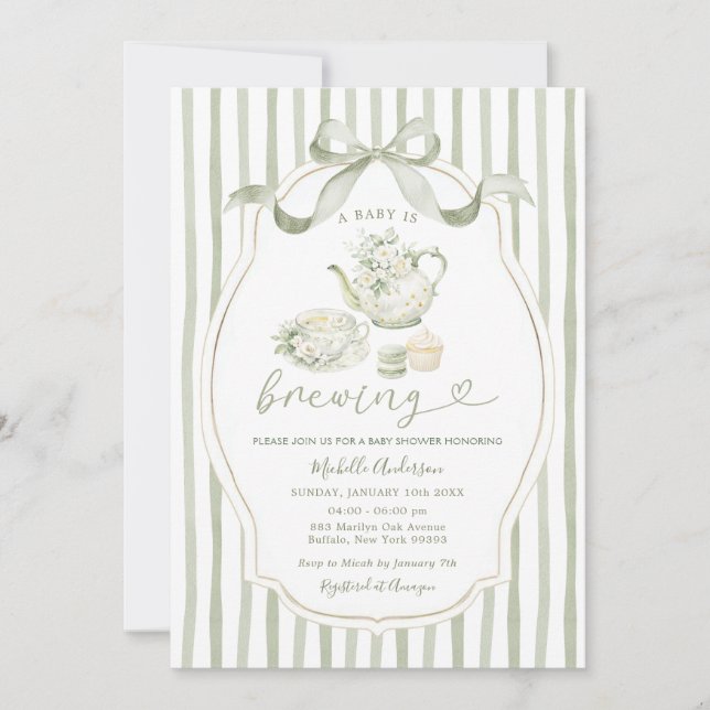 Invitación Sage Green Tea Party Baby Shower Stripe Invitation (Anverso)