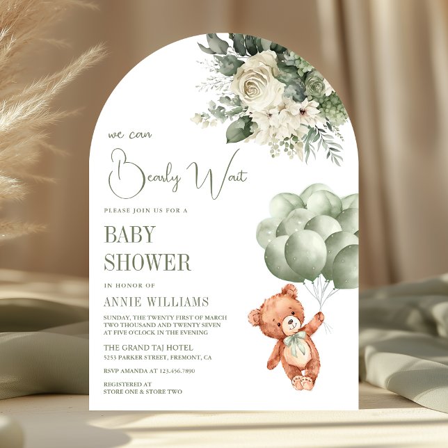 Invitación Sage Green Teddy Bear Balloons Floral Baby Shower (Subido por el creador)