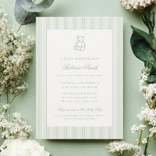 Invitación Sage Green Teddy Bear Preppy Elegant Baby Shower
