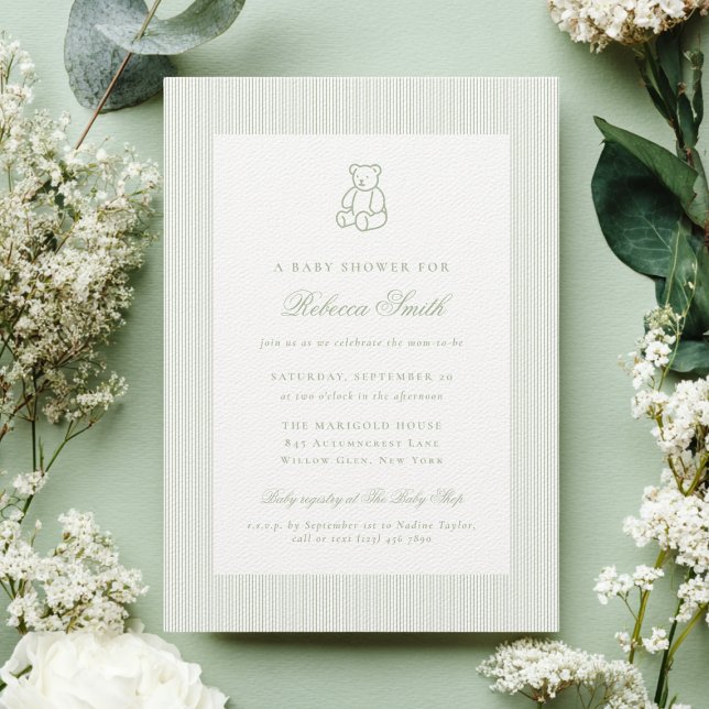 Invitación Sage Green Teddy Bear Preppy Elegant Baby Shower (Subido por el creador)
