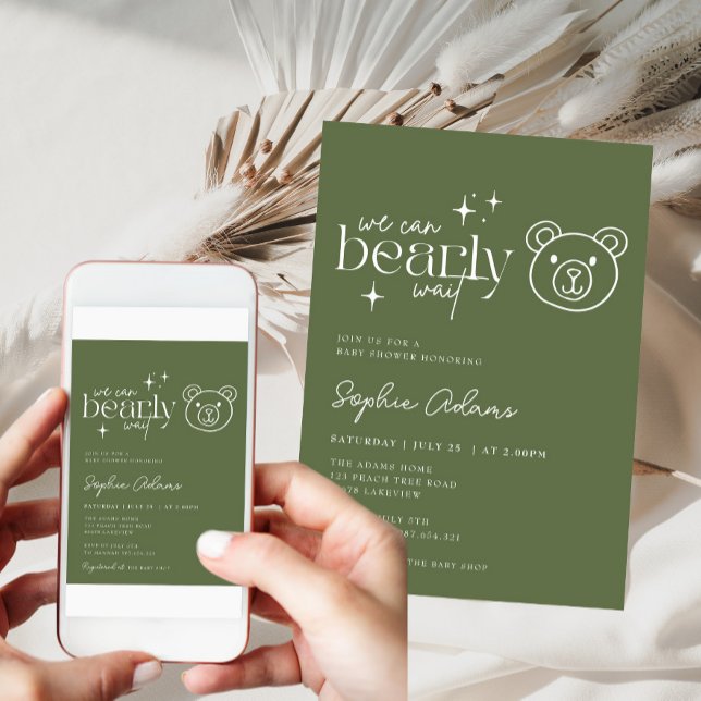 Invitación Sage Green Teddy Bear Puede Esperar A Baby Shower (Subido por el creador)