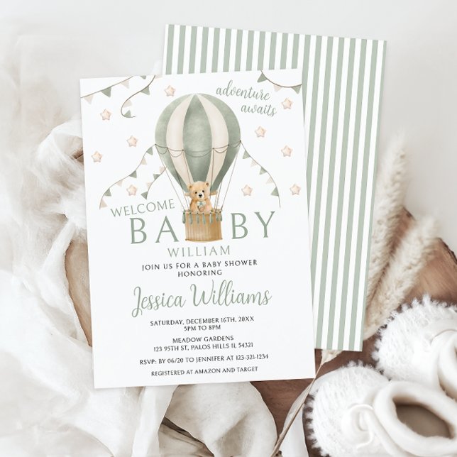 Invitación Sage Green Teddy Hot Air Balloon Baby Shower (Subido por el creador)