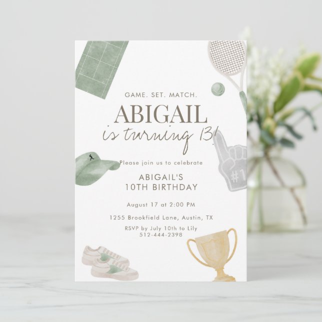 Invitación Sage Green Tennis 13th Birthday Party for Girls (Anverso de pie)