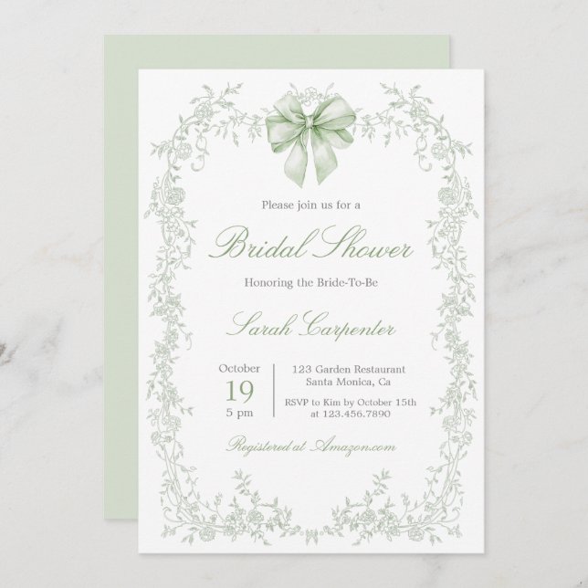 Invitación Sage Green Toile and Bow Bridal Shower (Anverso / Reverso)